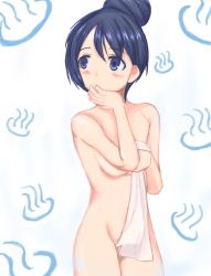 Rule 34 | 10s, 1girl, absurdres, blue eyes, blue hair, blush, breasts, censored, censored nipples, convenient censoring, hair bun, highres, nude, shima rin, single hair bun, small breasts, solo, standing, tagme, towel, yurucamp