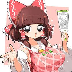 Rule 34 | 1girl, apron, ascot, blunt bangs, blush, bow, breasts, brown eyes, brown hair, character name, clothes writing, collared shirt, commentary request, cookie (touhou), detached sleeves, frilled bow, frilled hair tubes, frilled shirt collar, frills, grater, hair bow, hair tubes, hakurei reimu, heart, highres, holding, large breasts, lets0020, long hair, looking at viewer, medium bangs, open mouth, pink apron, pink background, red bow, red shirt, rurima (cookie), shirt, sidelocks, simple background, sleeveless, sleeveless shirt, smile, solo, touhou, two-tone background, upper body, white background, white sleeves, yellow ascot