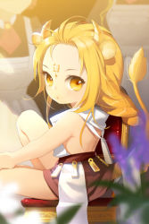 Rule 34 | 1girl, animal ears, back, blonde hair, child, facial mark, forehead mark, gold lion nold, horns, lion, lion ears, lion tail, looking back, lowres, markings, nold (sword girls), sash, sitting, solo, sword girls, tail, yellow eyes, aged down