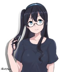 Rule 34 | 10s, 1girl, alternate costume, alternate hairstyle, arm at side, black hair, blue eyes, blue hairband, blue shirt, casual, collarbone, glasses, hair between eyes, hairband, hayabusa (vert 320), highres, kantai collection, long hair, looking at viewer, ooyodo (kancolle), ruffling hair, semi-rimless eyewear, shirt, short sleeves, side ponytail, simple background, solo, upper body, white background