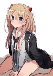 Rule 34 | 1girl, arm support, bad id, bad pixiv id, bare legs, barefoot, between legs, black jacket, black necktie, blonde hair, blue eyes, blush, borrowed clothes, closed mouth, collared shirt, grey shirt, hair between eyes, hand between legs, headgear, ikeuchi tanuma, jacket, jacket on shoulders, long hair, long sleeves, looking at viewer, necktie, neon genesis evangelion, shirt, simple background, sitting, solo, souryuu asuka langley, wariza, white background