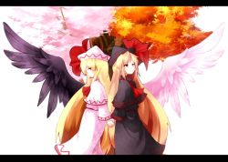 Rule 34 | 2girls, angel wings, autumn, ayagi daifuku, back-to-back, black wings, blonde hair, capelet, cherry blossoms, dress, dual persona, female focus, hat, holding hands, leaf, letterboxed, lily black, lily white, long hair, looking back, multiple girls, profile, red eyes, ribbon, smile, spring (season), touhou, tree, wings