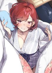 Rule 34 | 1girl, 92m, ahoge, breasts, cleavage, cloud, fingernails, highres, kinshi no ane (92m), large breasts, looking at viewer, lying, night, night sky, on side, pillow, pink eyes, red hair, short hair, sky, smile, solo, under covers