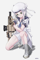 Rule 34 | 1girl, ahoge, beret, blush, boots, bow, bowl, bowl hat, closed mouth, cross-laced footwear, from behind, furrowed brow, glasses, gloves, goddess of victory: nikke, gradient background, green eyes, grenade launcher, gun, hat, highres, holding, holding weapon, knee boots, lace-up boots, neon (nikke), neon (nikke) (old design), prototype design, ribbon, sailor collar, shai (shicai123), short sleeves, shorts, sidelocks, simple background, weapon, white hair
