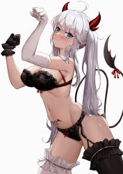 Rule 34 | 1girl, ahoge, armpits, arms up, asymmetrical gloves, asymmetrical legwear, black bra, black gloves, black legwear, black panties, blue eyes, blush, bra, breasts, bridal garter, capitan wei, cleavage, closed mouth, cowboy shot, demon girl, demon horns, demon tail, elbow gloves, fang, frills, garter straps, gloves, highres, horns, large breasts, lingerie, long hair, looking at viewer, mismatched legwear, navel, panties, paw pose, pubic tattoo, red ribbon, ribbon, silver hair, single elbow glove, skin fang, smile, solo, tail, tail ornament, tail ribbon, tattoo, twintails, underwear, underwear only, v-shaped eyebrows, vei (vtuber), vei (vtuber) (4th costume), very long hair, virtual youtuber, vshojo, white gloves, white legwear