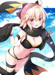 Rule 34 | 1girl, :d, ahoge, armband, bad id, bad pixiv id, bare shoulders, bikini, black bikini, black bow, black gloves, black scarf, black thighhighs, blonde hair, blue sky, bow, breasts, brown eyes, bubble, cleavage, cloud, day, elbow gloves, fate/grand order, fate (series), gloves, hair between eyes, hair bow, half updo, hand up, highleg, highleg bikini, highres, holding, large breasts, leaning forward, looking at viewer, masayo (gin no ame), navel, okita j. souji (fate), okita souji (fate), okita souji (koha-ace), open mouth, scarf, short hair, single glove, sky, smile, solo, standing, sunlight, swimsuit, thigh strap, thighhighs, thighs, v, water, water drop, wristband
