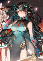 Rule 34 | 2girls, absurdres, architecture, arknights, bead bracelet, beads, black hair, blush, bracelet, braid, breasts, cherry blossoms, china dress, chinese clothes, closed mouth, colored skin, cowboy shot, dangle earrings, dragon girl, dragon horns, dragon print, dragon tail, dress, dusk (arknights), dusk (everything is a miracle) (arknights), earrings, east asian architecture, expressionless, gold trim, gradient skin, green dress, green hair, green horns, green skin, hand in own hair, highres, holding, holding sword, holding weapon, horns, jewelry, long hair, looking at viewer, medium breasts, molyb, multicolored hair, multicolored skin, multiple girls, neck tassel, nian (arknights), nian (unfettered freedom) (arknights), official alternate costume, pelvic curtain, petals, pointy ears, ponytail, red eyes, red hair, red horns, red skin, side braid, side slit, sleeveless, sleeveless dress, slit pupils, solo focus, standing, streaked hair, sword, tail, tassel, tassel earrings, two-tone hair, wavy hair, weapon, white dress, white hair