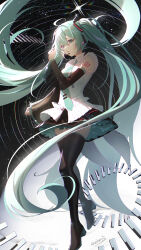 Rule 34 | 1girl, absurdres, aqua eyes, aqua hair, aqua nails, aqua necktie, boots, chinese commentary, commentary request, detached sleeves, hair ornament, hatsune miku, hatsune miku happy 16th birthday -dear creators-, headphones, highres, long hair, looking at viewer, miku day, necktie, night, night sky, ningjuice, number tattoo, piano keys, see-through, see-through sleeves, shirt, sky, sleeveless, sleeveless shirt, solo, star (sky), tattoo, thigh boots, twintails, very long hair, vocaloid, white shirt