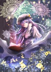 Rule 34 | 1girl, bug, butterfly, capelet, crescent, flower, hair ribbon, hand in own hair, hat, highres, bug, koroneko p0w0q, long hair, long sleeves, looking at viewer, magic circle, mob cap, patchouli knowledge, purple eyes, purple hair, ribbon, solo, touhou, tress ribbon, very long hair