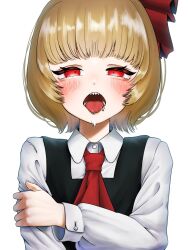 Rule 34 | 1girl, alternate neckwear, black vest, blonde hair, bloom, bob cut, commentary request, drooling, eyebrows hidden by hair, eyelashes, flat chest, hair ribbon, half-closed eyes, highres, long sleeves, looking at viewer, necktie, open mouth, red eyes, red necktie, red ribbon, ribbon, rumia, saliva, sharp teeth, short hair, simple background, solo, straight-on, teeth, tongue, tongue out, touhou, upper body, vest, white background, wing collar, yomogi 0001