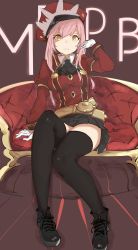 Rule 34 | 1girl, bad id, bad twitter id, belt, couch, fate/grand order, fate (series), hat, highres, long hair, medb (alluring chief warden look) (fate), medb (fate), medb (fate), peaked cap, pink hair, sitting, skirt, thighhighs, uki kumo, uniform, yellow eyes, zettai ryouiki