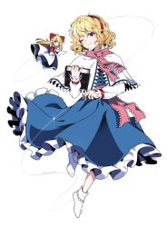 Rule 34 | 1girl, absurdres, alice margatroid, artist name, blonde hair, blue dress, blue eyes, book, capelet, doll, dress, frilled dress, frills, full body, hairband, highres, holding, holding book, kamenozoki momomo, long sleeves, no shoes, one eye closed, puffy long sleeves, puffy sleeves, red hairband, shanghai doll, simple background, smile, socks, solo, touhou, wavy hair, white background, white capelet, white socks, wings