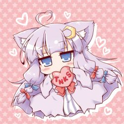 Rule 34 | 1girl, ahoge, animal ears, blue eyes, blush, cat ears, chibi, coat, crescent, crescent hair ornament, dress, hair ornament, hair ribbon, heart, heart ahoge, kemonomimi mode, long hair, long sleeves, looking at viewer, neko yume, open clothes, open coat, patchouli knowledge, pink background, purple dress, purple hair, ribbon, solo, star (symbol), striped clothes, striped dress, thank you, touhou, tress ribbon, very long hair, wide sleeves