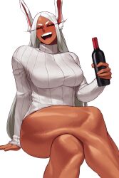 Rule 34 | 1girl, :d, absurdres, animal ears, blush, boku no hero academia, bottle, breasts, closed eyes, crossed legs, dark-skinned female, dark skin, highres, holding, holding bottle, large breasts, long eyelashes, long hair, mirko, open mouth, parted bangs, rabbit ears, rabbit girl, ribbed sweater, sitting, smile, solo, sotcho, sweater, teeth, thick thighs, thighs, toned, turtleneck, turtleneck sweater, upper teeth only, very long hair, white background, white hair, white sweater, wine bottle