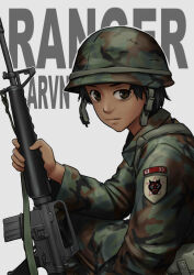 Rule 34 | 1girl, absurdres, assault rifle, black eyes, black hair, camouflage, camouflage headwear, camouflage pants, camouflage shirt, chin strap, closed mouth, combat helmet, commentary, dark-skinned female, dark skin, english commentary, fatigues, feet out of frame, from side, green headwear, green pants, green shirt, gun, gun sling, helmet, highres, holding, holding gun, holding weapon, insignia, load bearing equipment, long sleeves, looking at viewer, looking to the side, m16, m16a1, m1 helmet, mardjan, military, military uniform, original, pants, patch, pouch, rifle, shirt, shoulder patch, sitting, soldier, solo, star (symbol), text background, undone chin strap, uneven eyes, uniform, unit patch, vietnam war, weapon, white background, woodland camouflage