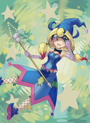 Rule 34 | 1girl, absurdres, bare shoulders, blonde hair, blush stickers, bow, bowtie, breasts, duel monster, eye mask, feet out of frame, fishnet thighhighs, fishnets, frostcyco, hat, heterochromia, highres, holding, holding staff, multicolored hair, patch, performapal trump witch, red hair, skull, small breasts, solo, staff, star-shaped pupils, star (symbol), streaked hair, sunglasses, symbol-shaped pupils, thighhighs, witch, yu-gi-oh!, yu-gi-oh! arc-v