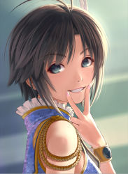 Rule 34 | 1girl, antenna hair, bare shoulders, black eyes, black hair, blurry, blurry background, commentary request, face, feather hair ornament, feathers, from side, grin, hair ornament, highres, idolmaster, idolmaster (classic), idolmaster million live!, idolmaster million live! theater days, kikuchi makoto, looking at viewer, nail polish, nekopuchi, short hair, smile, solo, teeth, white feathers, white nails