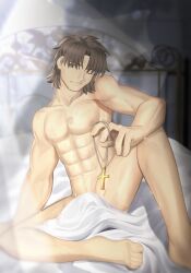Rule 34 | 1boy, a altering, abs, brown eyes, covering privates, cross, cross necklace, fate/grand order, fate (series), head tilt, highres, jewelry, knee up, looking to the side, male focus, muscular, muscular male, navel, necklace, nipples, nude cover, on bed, one eye closed, pectorals, rasputin (fate), scar, sitting, solo, spread legs, sunlight, thick eyebrows, yellow eyes