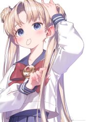 Rule 34 | 1girl, bishoujo senshi sailor moon, blonde hair, blue eyes, blue sailor collar, blush, bow, bowtie, brooch, double bun, hair bun, hair tie, hair tie in mouth, highres, holding, holding hair, jewelry, long hair, long sleeves, mouth hold, parted bangs, pleated skirt, red bow, red bowtie, ryota (ry o ta), sailor collar, school uniform, serafuku, signature, simple background, skirt, solo, tsukino usagi, tying hair, upper body, very long hair, white background