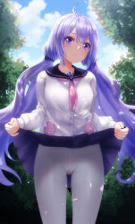 Rule 34 | 1girl, absurdres, ahoge, anchor symbol, azur lane, blue sky, blurry, cang se ye hua, clothes lift, cloud, cloudy sky, commentary request, dappled sunlight, depth of field, groin, hair tubes, highres, long hair, long sleeves, looking at viewer, low twintails, official alternate costume, pantyhose, pleated skirt, purple eyes, purple hair, school uniform, serafuku, sidelocks, skirt, skirt lift, sky, solo, sunlight, sweater, twintails, unicorn (long-awaited date) (azur lane), unicorn (azur lane), white pantyhose