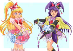 Rule 34 | 2girls, :d, antenna hair, asahina mirai, bad id, bad pixiv id, bare shoulders, beads, black gloves, black hat, blonde hair, blunt bangs, boots, bow, bracelet, breasts, cape, collarbone, cowboy shot, cure magical, cure miracle, dress, earrings, elbow gloves, foreshortening, gem, gloves, hair bow, hat, heart, holding, izayoi liko, jewelry, knee boots, layered dress, light smile, long hair, looking at viewer, magical girl, mahou girls precure!, meierufu, mini hat, mini witch hat, multiple girls, one side up, open mouth, outstretched arm, outstretched arms, pink gloves, pink hat, precure, puffy short sleeves, puffy sleeves, purple eyes, purple hair, red eyes, riko (mahou girls precure!), short dress, short sleeves, simple background, small breasts, smile, sparkle, standing, star (symbol), stud earrings, turtleneck, two side up, v arms, very long hair, wand, witch hat