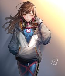 Rule 34 | 1girl, acronym, animal print, armor, artist name, bad id, bad twitter id, bodysuit, bracer, breasts, breasts apart, brown eyes, brown hair, closed mouth, cowboy shot, d.va (overwatch), eyelashes, facepaint, facial mark, gloves, hand in pocket, hand up, headphones, headphones around neck, high collar, hood, hood down, hoodie, long hair, long sleeves, looking at viewer, matching hair/eyes, overwatch, overwatch 1, pauldrons, pilot suit, rabbit print, ribbed bodysuit, rod (rod4817), shoulder armor, shoulder pads, skin tight, small breasts, smile, soldier: 76 (overwatch), solo, thigh gap, thigh strap, turtleneck, upper body, whisker markings, white gloves