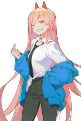 Rule 34 | 1girl, blush, censored, censored gesture, chainsaw man, coat, commentary, fake censor, fangs, grin, hand on own hip, horns, long hair, long sleeves, looking at viewer, middle finger, necktie, one eye closed, open mouth, pagye, panties, pink hair, pixels, power (chainsaw man), red eyes, sharp teeth, simple background, smile, smirk, solo, standing, symbol-only commentary, teeth, underwear, very long hair, white background