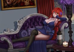 Rule 34 | blush, bottle, breasts, candle, couch, cup, dress, drinking glass, flower, gloves, hair flower, hair ornament, jewelry, long hair, lounging, necklace, night, painting (object), red hair, silvertsuki, solo, thighhighs, wine bottle, wine glass, yellow eyes