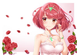 Rule 34 | 1girl, absurdres, alternate costume, blush, breasts, cleavage, closed mouth, dress, flower, gem, gradient background, hair ornament, headpiece, highres, jewelry, ken-san, large breasts, looking at viewer, morning glory, nintendo, plant, pyra (xenoblade), red hair, short hair, smile, solo, summer, sundress, swept bangs, tiara, xenoblade chronicles (series), xenoblade chronicles 2