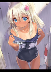 Rule 34 | 10s, 1girl, aldehyde, bare shoulders, blonde hair, blue eyes, blush, breasts, collarbone, crop top, flower, hair flower, hair ornament, highres, kantai collection, long hair, looking at viewer, off shoulder, one-piece swimsuit, one-piece tan, open mouth, ro-500 (kancolle), sailor collar, school swimsuit, sidelocks, small breasts, solo, sweat, swimsuit, swimsuit under clothes, tan, tanline, tareme, undressing