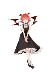 Rule 34 | 1girl, absurdres, bad id, bad pixiv id, bat wings, black dress, black footwear, dress, full body, head wings, highres, koakuma, looking at viewer, necktie, open mouth, pointy ears, red eyes, red hair, shoes, short sleeves, simple background, slit pupils, smile, socks, solo, souta (karasu no ouchi), touhou, transparent background, v arms, white background, white socks, wing collar, wings, wrist cuffs, yellow necktie