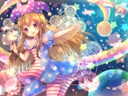 Rule 34 | 1girl, american flag dress, american flag legwear, blonde hair, clownpiece, coa (chroo x), earth (planet), fairy wings, hat, jester cap, long hair, magic circle, moon, open mouth, pantyhose, planet, red eyes, smile, solo, striped clothes, striped pantyhose, torch, touhou, very long hair, wings