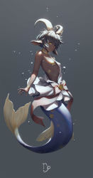 Rule 34 | 1girl, :&lt;, animal ears, asymmetrical clothes, bare arms, bare shoulders, blonde hair, bow, breasts, capricorn (constellation), capricorn (symbol), capricorn (zodiac), closed mouth, commentary, dark-skinned female, dark skin, female focus, full body, grey background, grey hair, highres, horns, mermaid, monster girl, one breast out, original, pasties, pink bow, short hair, simple background, small breasts, solo, sparkle, star (symbol), star pasties, symbol-only commentary, water drop, y.i. (lave2217), zodiac