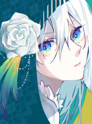 Rule 34 | 1girl, blue eyes, closed mouth, feather hair ornament, feathers, flower, frills, hair flower, hair ornament, head tilt, highres, jewelry, long hair, looking at viewer, looking to the side, necklace, original, pearl necklace, portrait, rose, solo, white flower, white hair, white rose, yagi (shiro yagi)