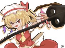Rule 34 | 1girl, ascot, back bow, blonde hair, bow, breasts, collared shirt, commentary, english commentary, fangs, fingernails, flandre scarlet, hair between eyes, hat, hat ribbon, holding, holding polearm, holding weapon, laevatein (touhou), large bow, looking at viewer, mob cap, multicolored wings, nail polish, open mouth, polearm, puffy short sleeves, puffy sleeves, red eyes, red nails, red ribbon, red skirt, red vest, ribbon, sharp fingernails, shirt, short sleeves, side ponytail, signature, simple background, skirt, skirt set, small breasts, solo, teeth, touhou, u mashed potato, upper teeth only, v-shaped eyebrows, vest, weapon, white background, white hat, white shirt, wings, yellow ascot