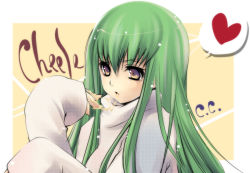 Rule 34 | 00s, 1girl, :o, beige background, border, c.c., character name, cheese, code geass, food, green hair, heart, long hair, long sleeves, looking at viewer, open mouth, outside border, simple background, solo, speech bubble, spoken heart, sweater, turtleneck, upper body, very long hair, yellow background, yellow eyes, yukian