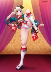 Rule 34 | 1girl, absurdres, angry, black footwear, blonde hair, blue kimono, blush, breasts, cameltoe, collarbone, curtains, fighting stance, flexible, floral print, flower, goth fashion, hair flower, hair ornament, hairband, highres, japanese clothes, kimono, kneehighs, kof: maximum impact, long sleeves, looking at viewer, maximum impact ii, medium breasts, navel, ninon beart, obi, open mouth, panties, partially visible vulva, polka dot, polka dot panties, print kimono, purple eyes, rose, sandals, sash, serious, short hair, snk, socks, standing, standing on one leg, the king of fighters, underwear, white panties, white socks, wide sleeves, yukata, zel-sama