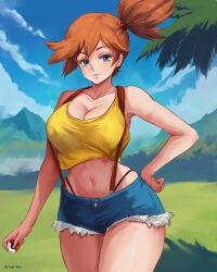 Rule 34 | 1girl, artist name, asymmetrical hair, bare shoulders, blue eyes, blue shorts, blue sky, blush, breasts, cleavage, cloud, collarbone, cowboy shot, creatures (company), crop top, curvy, cutoffs, day, denim, denim shorts, female focus, game freak, gen 1 pokemon, green eyes, gym leader, hand on own hip, highleg, highleg panties, holding, holding poke ball, lady shin, large breasts, looking at viewer, midriff, misty (pokemon), navel, nintendo, orange hair, outdoors, panties, poke ball, poke ball (basic), pokemon, pokemon (anime), pokemon (classic anime), ponytail, shiny skin, shirt, short hair, short shorts, shorts, side ponytail, sky, sleeveless, smile, solo, standing, suspender shorts, suspenders, suspenders slip, tank top, thick thighs, thighs, thong, tree, underwear, wide hips, yellow shirt