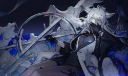 Rule 34 | 1girl, absurdres, animal ears, arknights, black dress, black gloves, bracelet, breasts, chyan, cigarette, coat, dress, gloves, grey eyes, hair between eyes, highres, holding, holding sword, holding weapon, jewelry, lappland (arknights), lappland (refined horrormare) (arknights), long hair, long sleeves, looking at viewer, material growth, official alternate costume, open clothes, oripathy lesion (arknights), pantyhose, partially fingerless gloves, reclining, scar, scar across eye, scar on face, silver hair, smoking, solo, sword, weapon, white coat, wolf ears