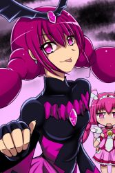 Rule 34 | 10s, 2girls, aitaso, bad end happy, bad end precure, bat wings, bike shorts, black bodysuit, blush, bodysuit, bow, cure happy, dark persona, earrings, fingerless gloves, frills, gem, gloves, hoshizora miyuki, jewelry, long hair, long sleeves, magical girl, multiple girls, open mouth, pink bow, pink eyes, pink hair, pink theme, precure, skirt, smile precure!, tiara, tongue, tongue out, twintails, wide sleeves, wings