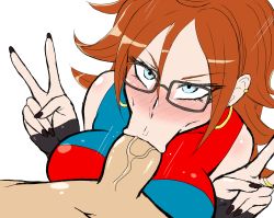 Rule 34 | 1boy, 1girl, :&gt;=, android 21, arm warmers, bare shoulders, black-framed eyewear, black nails, blue eyes, blush, breasts, brown hair, curly hair, darm engine, double v, dragon ball, dragon ball fighterz, dress, earrings, fellatio, glasses, hetero, hoop earrings, jewelry, large breasts, multicolored clothes, multicolored dress, nail polish, oral, penis, red hair, ring, uncensored, v
