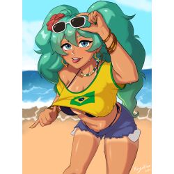 1girl absurdres aqua_eyes aqua_hair beach beads bent_over bikini bikini_under_clothes black_bikini bracelet brazil brazilian_flag_print brazilian_miku breasts crop_top dark-skinned_female dark_skin earrings eyewear_on_head flower green_nails hair_flower hair_ornament hatsune_miku highres hoop_earrings jewelry kryokenn looking_at_viewer nail_polish ocean red_flower sand shirt short_shorts shorts sky solo square_hoop_earrings sunglasses swimsuit tan tanline tongue tongue_out twintails vocaloid yellow_shirt