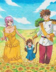 Rule 34 | 1boy, 2023, 2girls, blue sky, breasts, brown hair, child, cleavage, closed eyes, closed mouth, collarbone, commission, day, dragon ball, dress, dressrosa, family, field, flower, hair between eyes, holding hands, large breasts, long hair, multiple girls, one piece, open mouth, original, outdoors, pants, pink hair, ponytail, ravernclouk design, rebecca (one piece), red pants, saiyan, shirt, skirt, sky, sunflower, tail, uniform, yellow dress