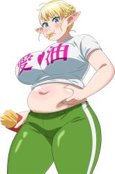 Rule 34 | 1girl, belly, blonde hair, blue eyes, blush, breasts, elf, elf-san wa yaserarenai., elfuda (elf-san wa yaserarenai.), food, french fries, highres, holding stomach, large breasts, long pointy ears, looking at viewer, official art, plump, pointy ears, solo, standing, thick thighs, thighs