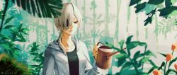 Rule 34 | 1girl, black eyes, black shirt, chainsaw man, champi, commentary, eyepatch, flower, hand up, highres, holding, holding watering can, hood, hood down, hoodie, leaf, long sleeves, medium hair, one eye covered, plant, ponytail, quanxi (chainsaw man), shirt, silver hair, solo, twitter username, upper body, watering, watering can, white hoodie