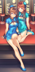 Rule 34 | 2girls, aqua dress, aqua footwear, arm support, blue dress, blue eyes, blue footwear, blue ribbon, breasts, brown eyes, brown hair, bun cover, china dress, chinese clothes, cleavage, closed mouth, commentary request, dress, fingernails, floral print, frilled dress, frills, full body, hair between eyes, hair bun, hair ribbon, hand on another&#039;s thigh, highres, idolmaster, idolmaster million live!, indoors, knee up, large breasts, legs, light blush, long hair, looking at viewer, medium breasts, multiple girls, nanaran, print dress, print footwear, ribbon, satake minako, shoes, short dress, short hair, short sleeves, side slit, sidelocks, single hair bun, sitting, smile, stairs, tanaka kotoha, wariza, wrist cuffs