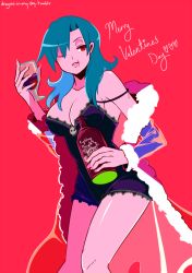Rule 34 | 1girl, bad id, bad tumblr id, blue hair, bottle, breasts, cleavage, cup, d-ryuu, drinking glass, eyeshadow, female focus, hair down, half-closed eyes, happy valentine, large breasts, makeup, nightgown, off shoulder, one eye closed, red background, red eyes, scar, skullgirls, solo, strap slip, valentine, valentine (skullgirls), wine glass