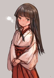 Rule 34 | 1girl, absurdres, alternate costume, black hair, blunt bangs, breath, brown eyes, commentary, grey background, hakama, hakama skirt, hatsuyuki (kancolle), highres, hime cut, japanese clothes, kantai collection, kimono, long hair, looking at viewer, miko, red hakama, simple background, skirt, solo, standing, v arms, wss (nicoseiga19993411)