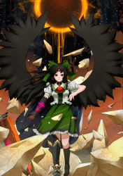 Rule 34 | 1girl, absurdres, arm cannon, black hair, black wings, bow, duplicate, elbow gloves, female focus, gloves, hair bow, highres, hullzion, large wings, long hair, red eyes, reiuji utsuho, revision, rock, single glove, smile, solo, third eye, touhou, weapon, wings