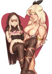 Rule 34 | 2girls, abs, absurdres, amazon (dragon&#039;s crown), armlet, armor, bad id, bad tumblr id, bikini armor, black gloves, blonde hair, blue eyes, boots, braid, breasts, brown eyes, cape, carrying, circlet, cleavage, dragon&#039;s crown, elf, elf (dragon&#039;s crown), feather hair ornament, feathers, gloves, hair ornament, heart, heart background, highres, hood, john doe (jdart), lips, looking at viewer, multiple girls, muscular, muscular female, naked cape, navel, no panties, nose, pointy ears, princess carry, ribbon, skindentation, small breasts, tattoo, thigh boots, thighhighs, twin braids, yuri